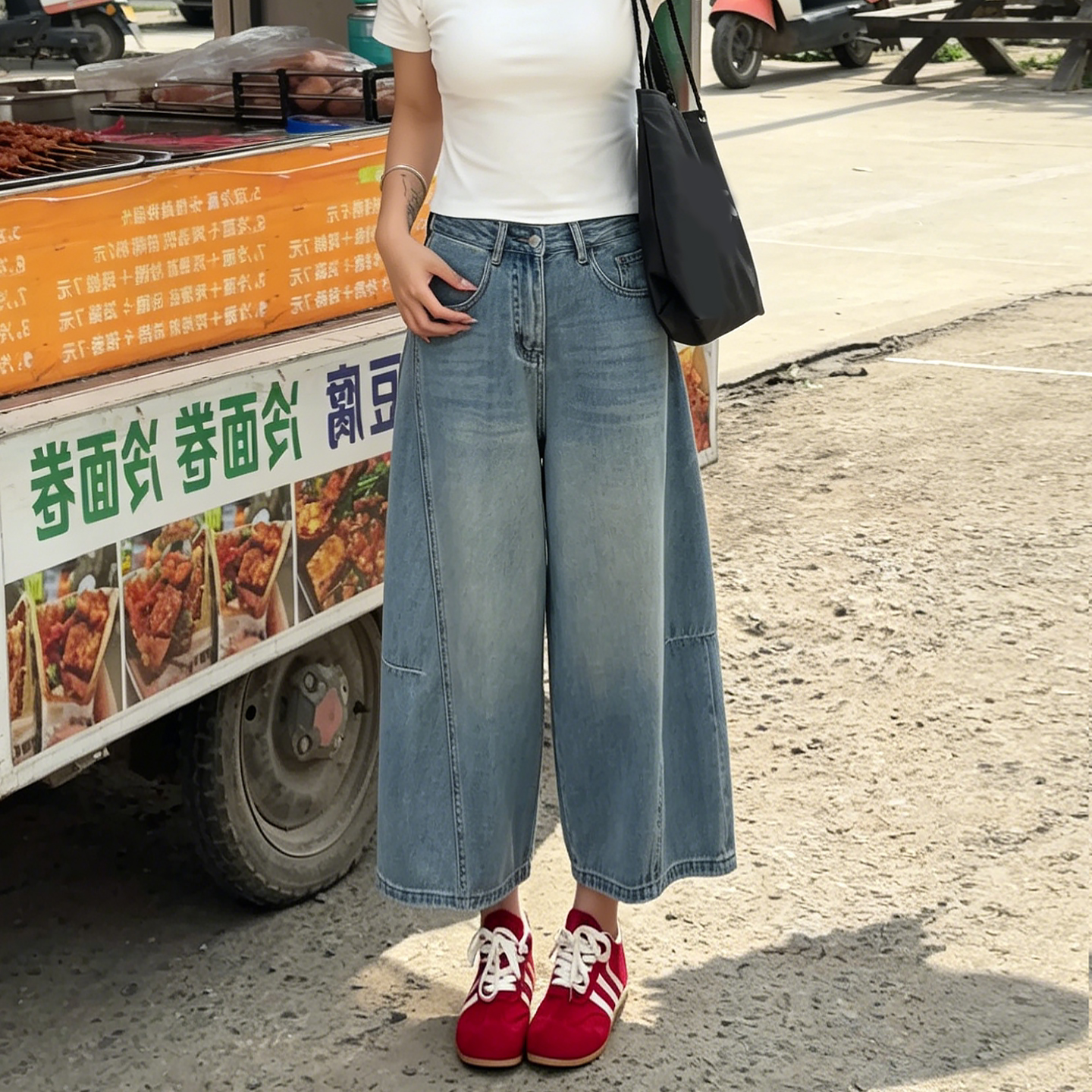 蓝色水洗牛仔阔腿裤女夏薄款2026新款大码胖mm宽松显瘦百搭九分裤