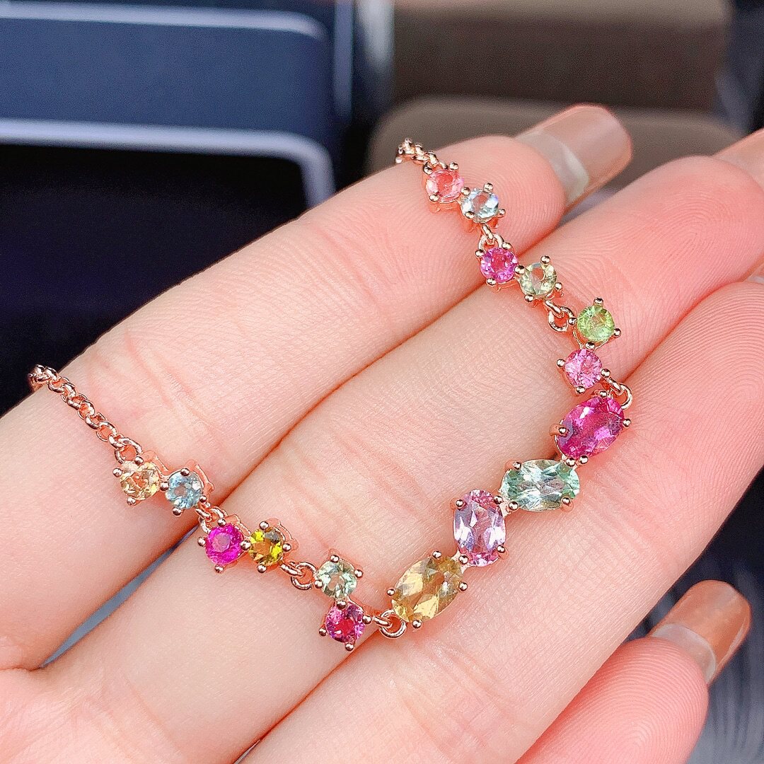 碧玺手链秒杀，颜色艳丽 彩虹色调精心设计，主石3x3+4x6mm