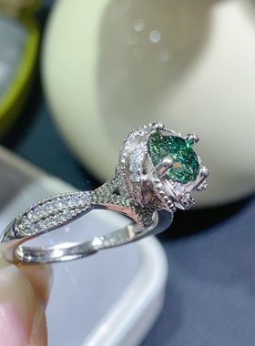 蓝绿色莫桑钻戒指 主石单颗1克拉  6.5mm s925银精工镶嵌