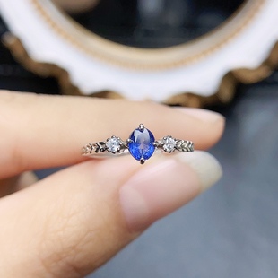 【中国地质大学】天然蓝宝石戒指，晶体全净火彩爆闪，S925银精工