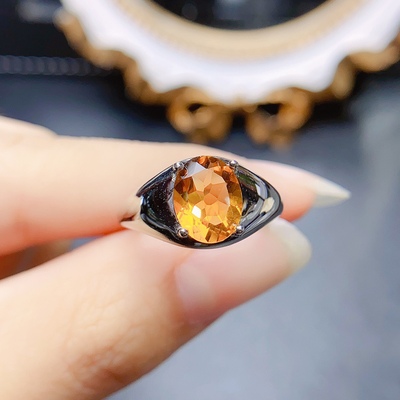 【地大珠宝】天然招财黄水晶戒指晶体全净火彩爆闪，S925银7*9mm