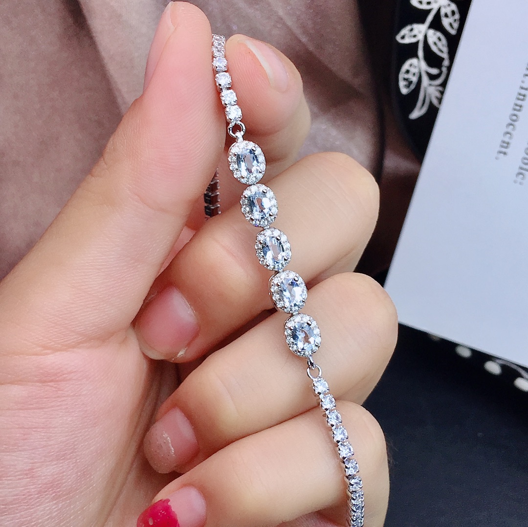 【地大珠宝】天然极美全净海蓝宝手链，925银3X4mm情人节礼物补水