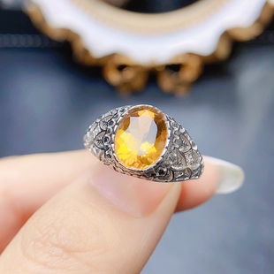 【中国地质大学】天然招财黄水晶戒指，晶体全净火彩爆闪，S925银