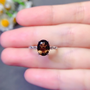 茶晶戒指 纯晶体干净,s925银精工镶嵌,尺寸7x9