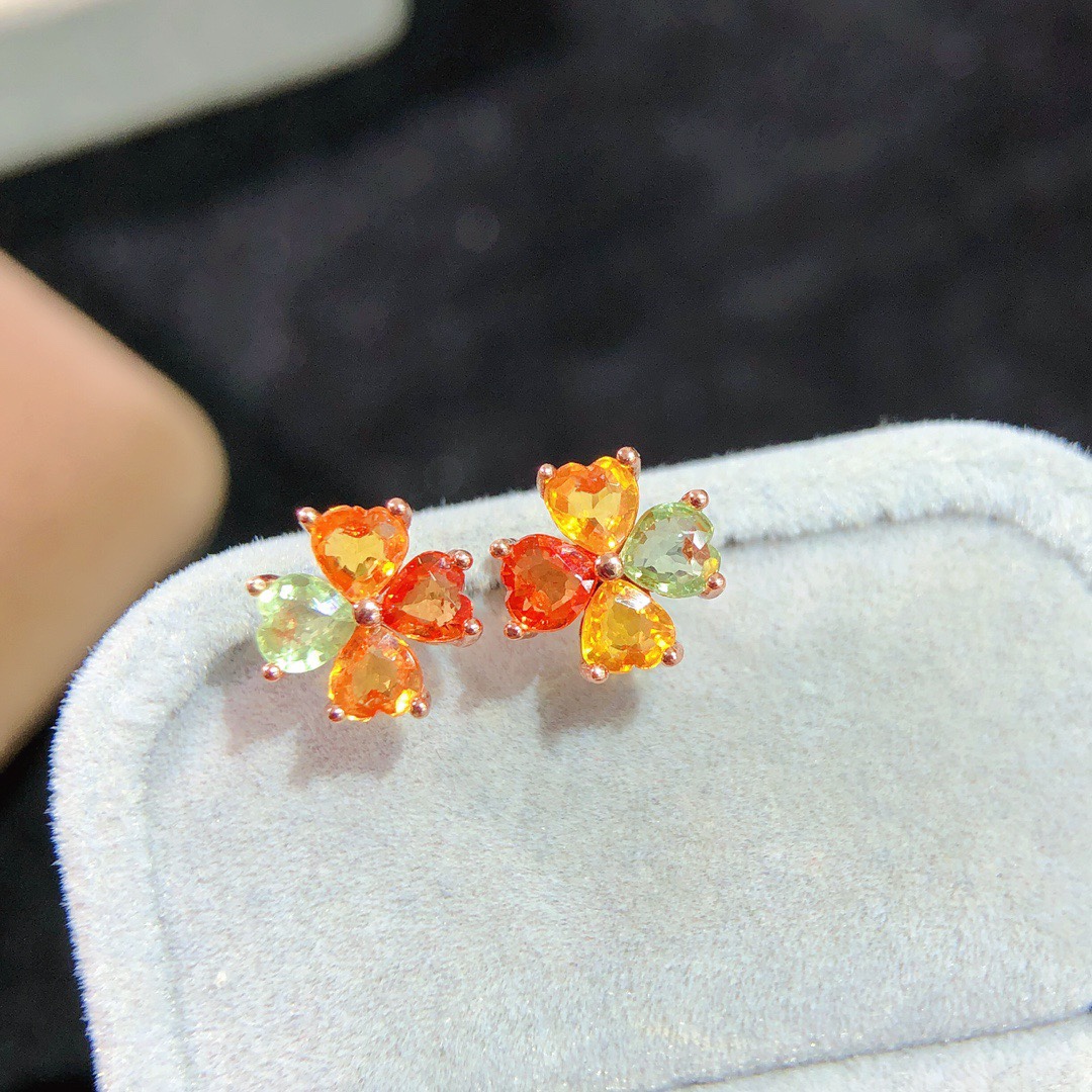【中国地质大学】彩色蓝宝耳钉帕帕拉恰，5A级宝石4*6mm92