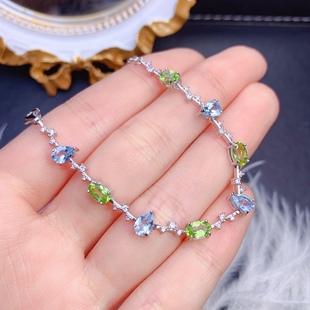 【地大珠宝】橄榄石加海蓝宝手链,小清新款4X6mm补水水属性宝石