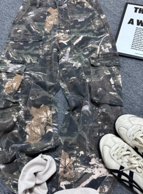 2024秋冬季新款欧货迷彩印花大口袋个性工装裤高腰显瘦休闲裤女潮