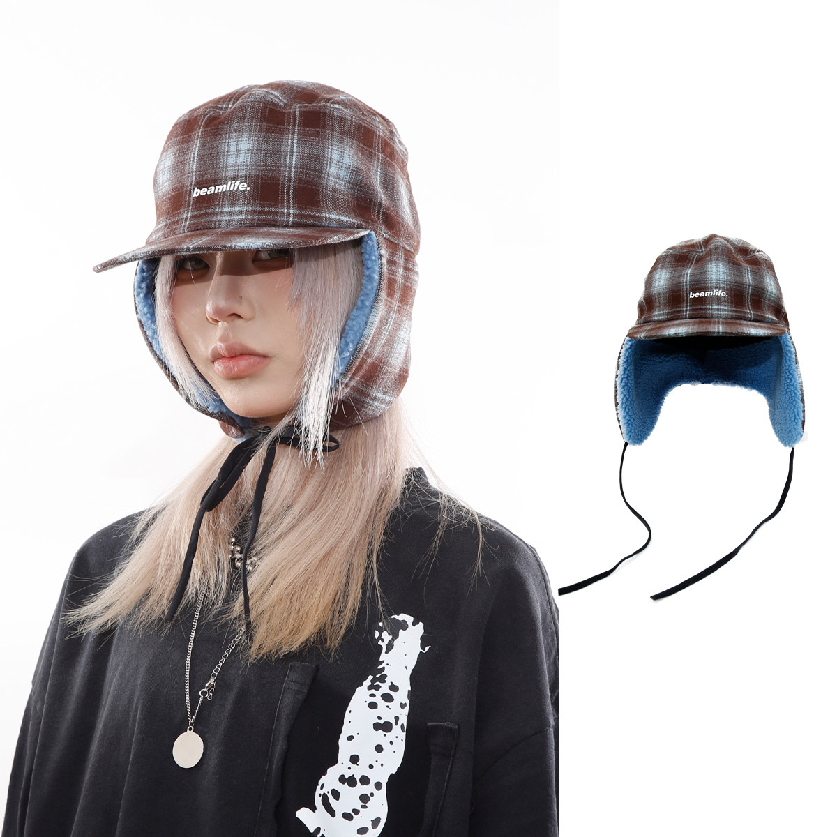 原创设计复古格子平顶韩系护耳帽