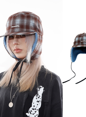 BEAMLIFE25AW秋冬原创格子毛绒撞色护耳棒球帽男女韩系鸭舌雷锋帽