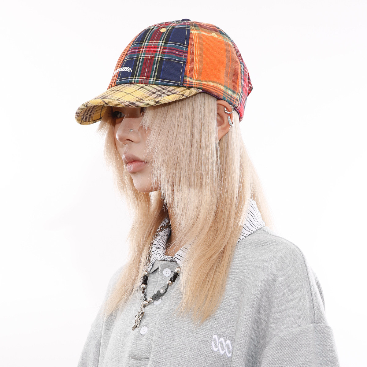 多巴胺棒球帽格子拼接棒球帽男女