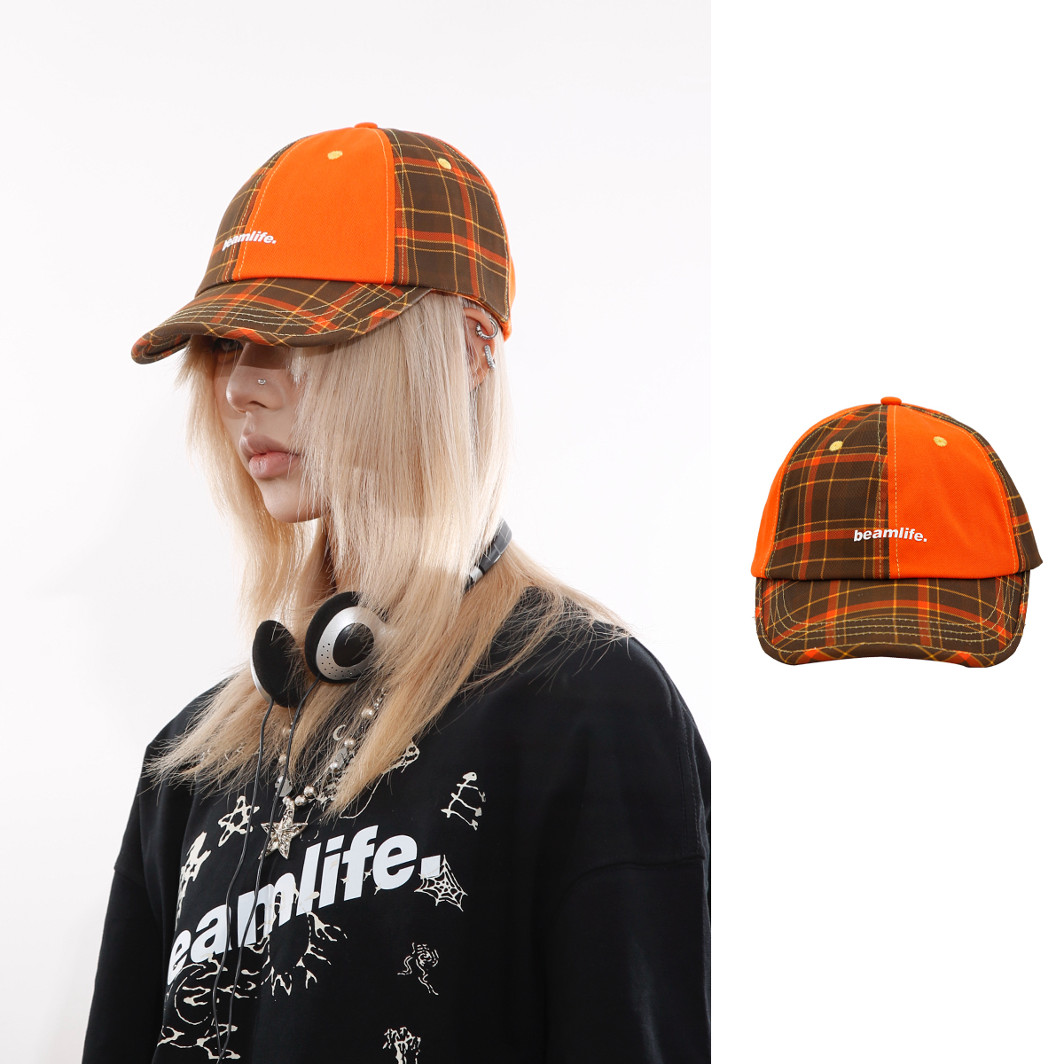 BEAMLIFE25AW原创拼接撞色鸭舌帽子男女格子皮带弯檐棒球帽显脸小