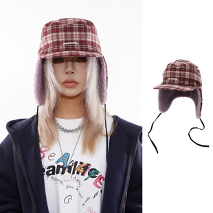 BEAMLIFE25AW韩系复古秋冬格子拼接加厚保暖护耳雷锋飞行帽子男女