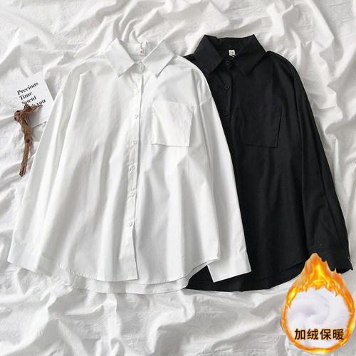 加绒加厚白衬衫女设计感小众秋冬保暖加棉宽松学生显瘦衬衣女长袖