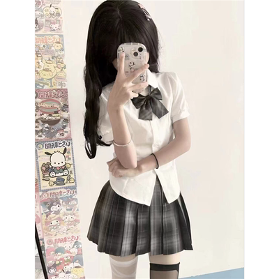 显瘦修身泡泡袖纯欲风日系学院风衬衣女jk制服裙套装短袖收腰衬衫