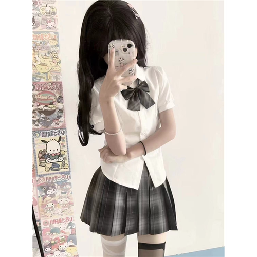 显瘦修身泡泡袖纯欲风日系学院风衬衣女jk制服裙套装短袖收腰衬衫