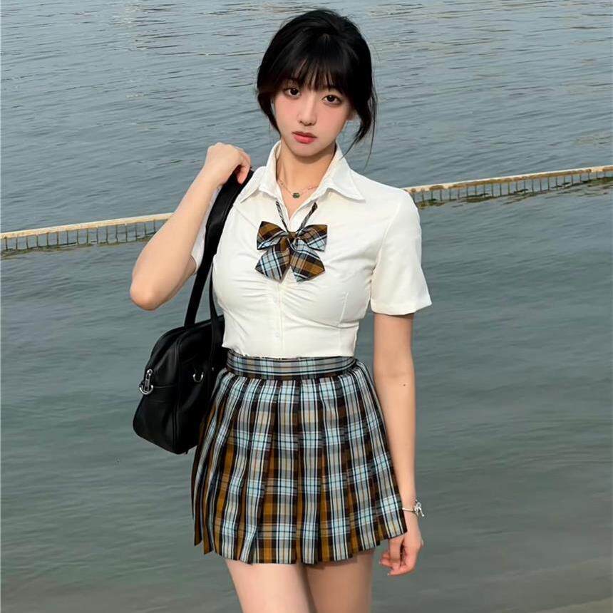 秋刀鱼JK制服格裙百褶裙夏季学院风褶皱白色收腰短袖衬衫三件套图片