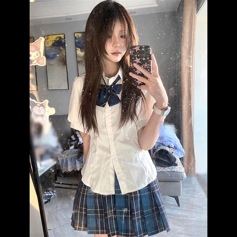jk制服原创学院风日系套装衬衫正版百褶裙收腰泡泡袖修身衬衣女