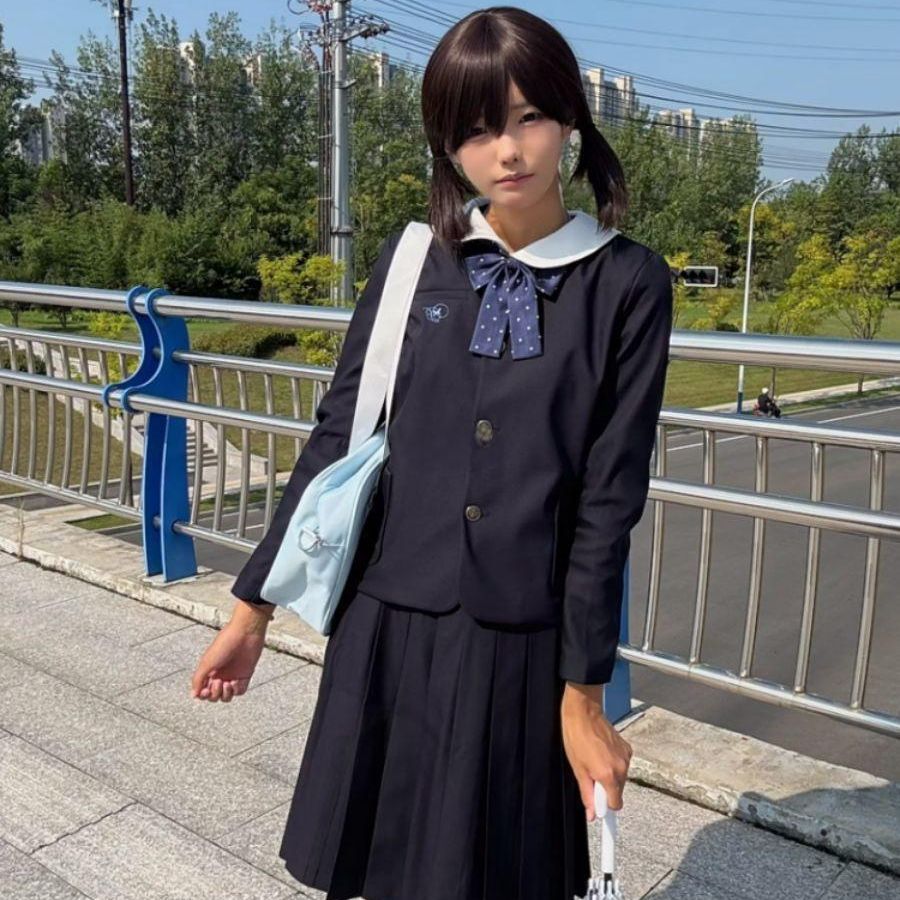 学院风JK制服绀色小圆西服外套百搭叠穿纯色绀裙学生校供套装女