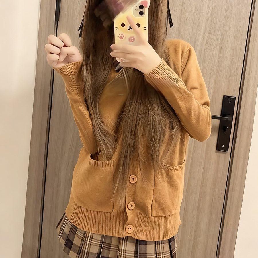 校供感日系JK妹穿搭制服针织衫学院风开衫毛衣外搭jk格裙一整套