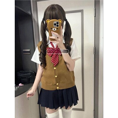 JK制服针织衫软妹穿搭开衫马甲叠穿漫感套装短裙套装夏季四件套