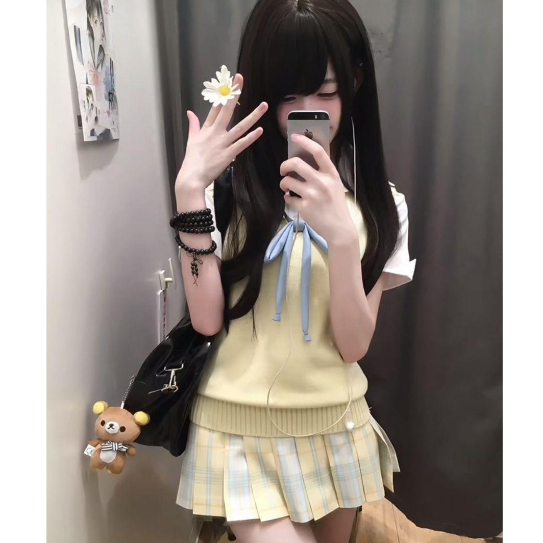 JK制服V领套头背心纯色马甲校供感叠穿衬衫穿搭柚月格裙套装女