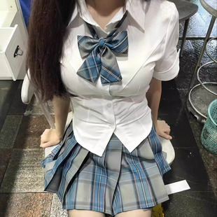 辣妹纯欲学院风白色衬衣百褶裙套装 JK制服收腰衬衫 美式 女短袖 夏季