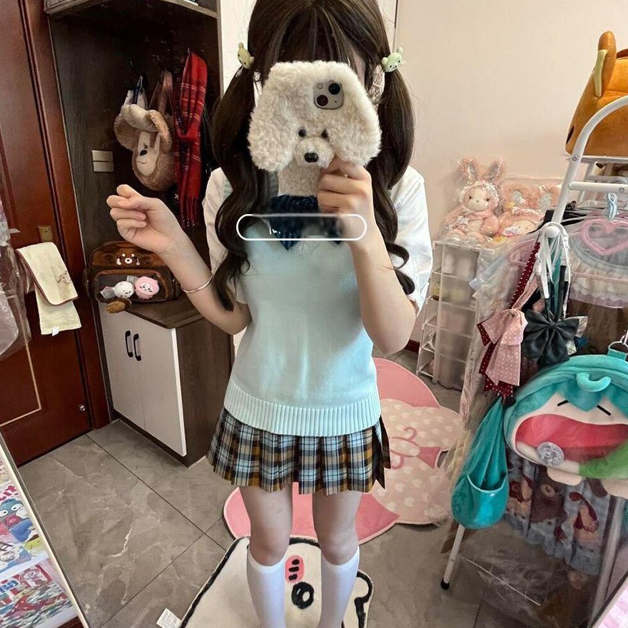 JK制服套装马甲背心春季新款日系学生百搭针织衫毛衣格裙四件套