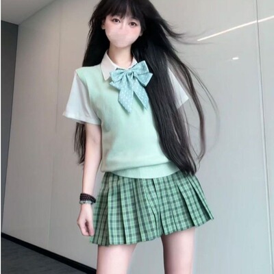 JK制服新款小青梅短裙小清新学院风背心V领马甲叠穿衬衫四件套