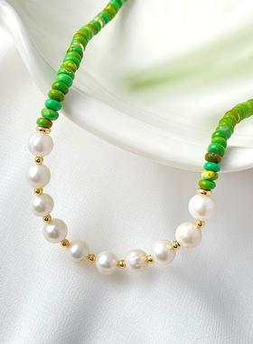 新中式绿松珍珠国潮项链锁骨链复古气质百搭小众高级简约女
