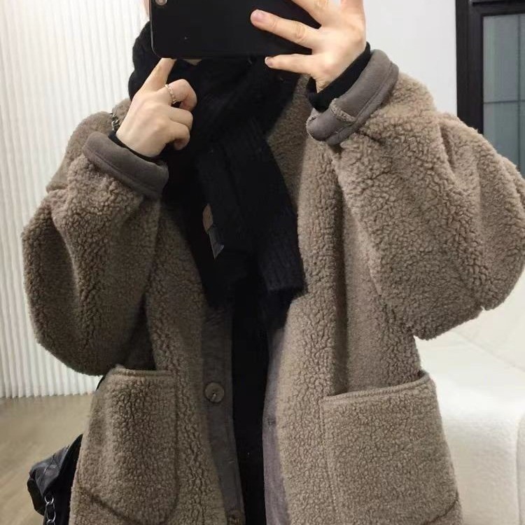 皮毛一体羊羔毛外套女冬季新款加厚保暖韩系复古气质慵懒宽松上衣
