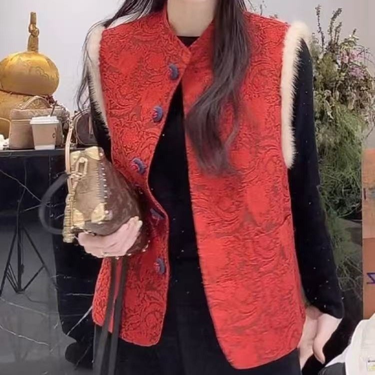 今年流行秋冬洋气新中式国风本命年红色盘扣棉马甲女保暖背心上衣