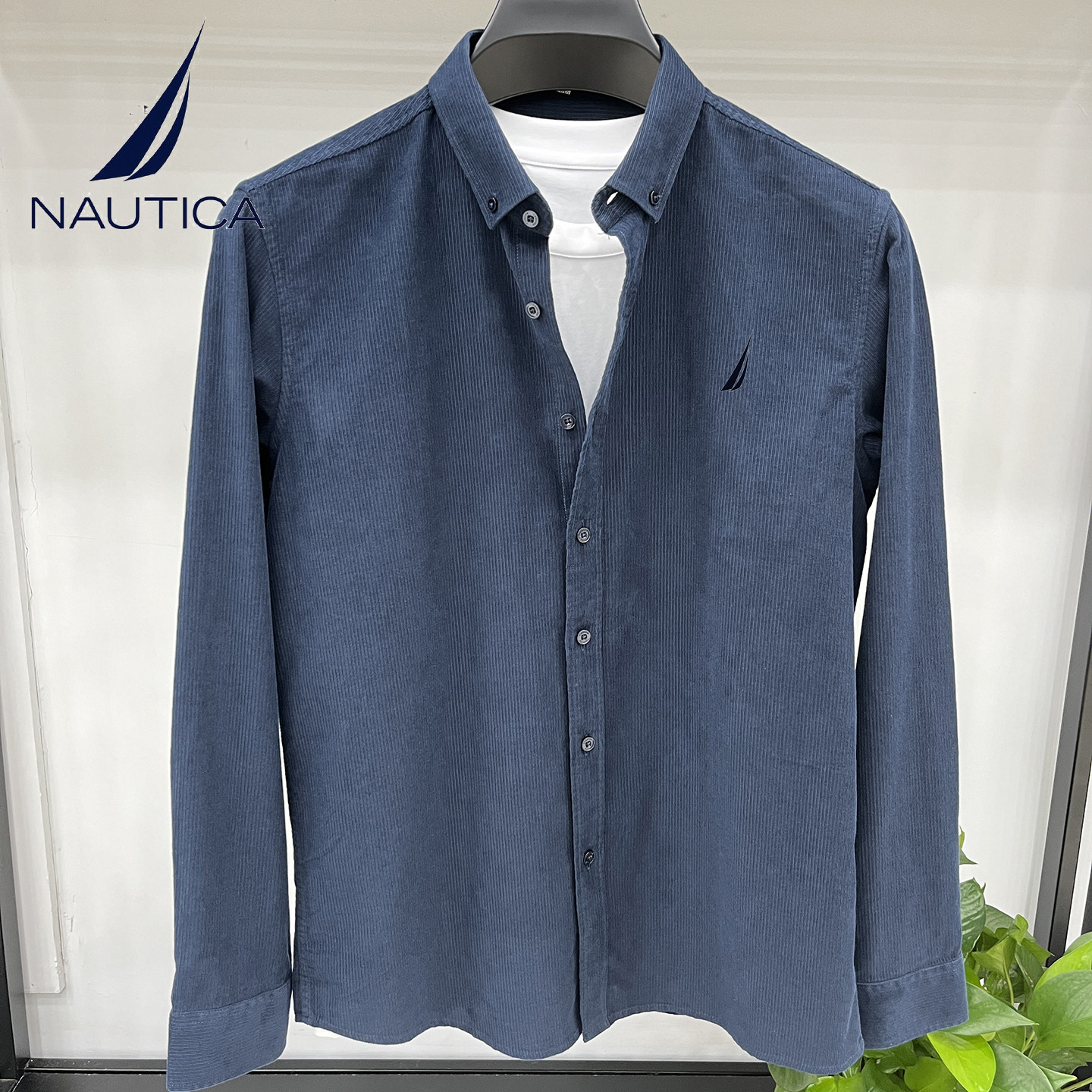 nautica诺帝卡男士纯棉长袖衬衫休闲翻领纯色纽扣2026年夏季衬衣