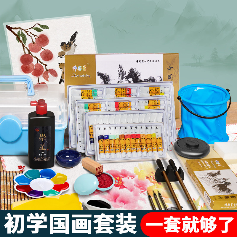 崇星国画颜料初学者套装小学生中国画颜料用品全套工具毛笔材料12色24色专业水墨画小学生入门美术生专用