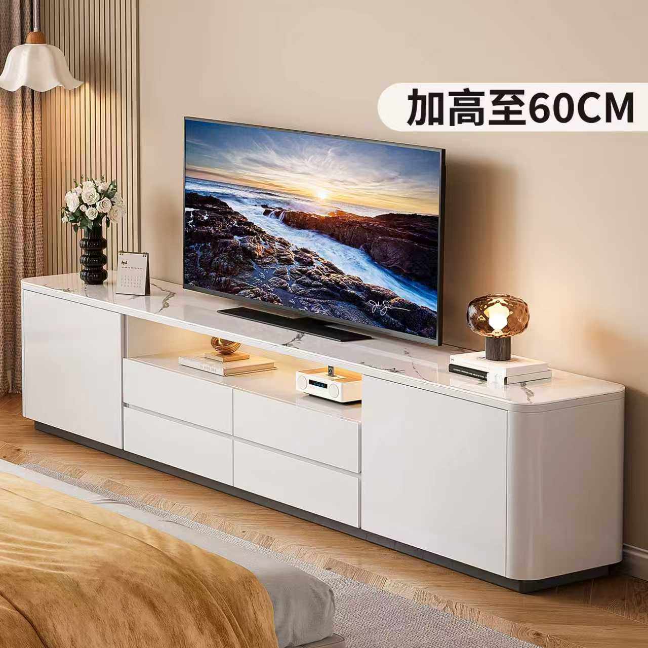 60cm高电视柜落地卧室家用小户型实木收纳储物柜一体岩板电视机柜