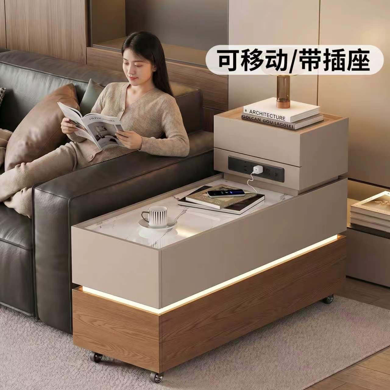 中古风可移动边几沙发边柜带插座图片