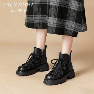 法玛莎高端黑色短靴女2025秋冬新款坡跟增高显瘦时尚头层牛皮单靴