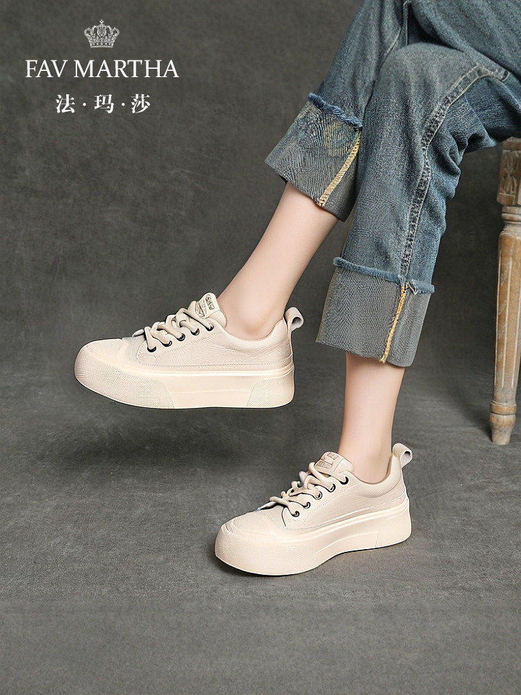 法玛莎品牌真皮小白鞋女轻便软底2025春秋款百搭配裙子系带厚底鞋