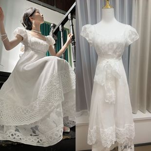 风与熏/鸢丝花 原创帝政风连衣裙白色重工蕾丝提花夏季方领长裙