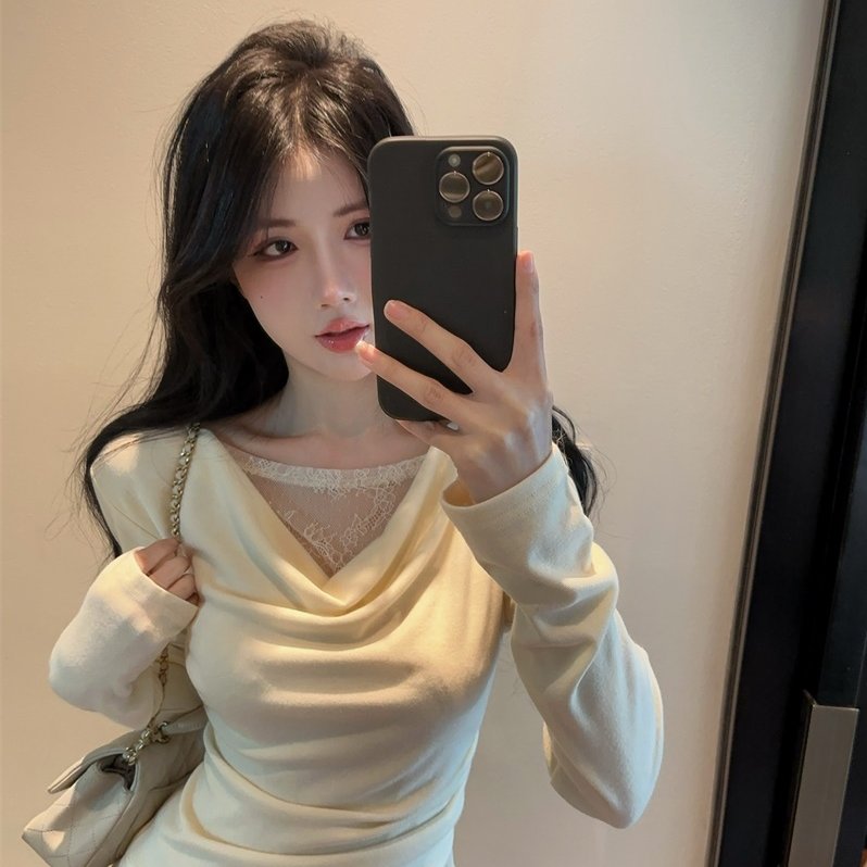 实拍实价  2025秋季新款纯欲风拼接蕾丝长袖女显瘦内搭露肩上衣