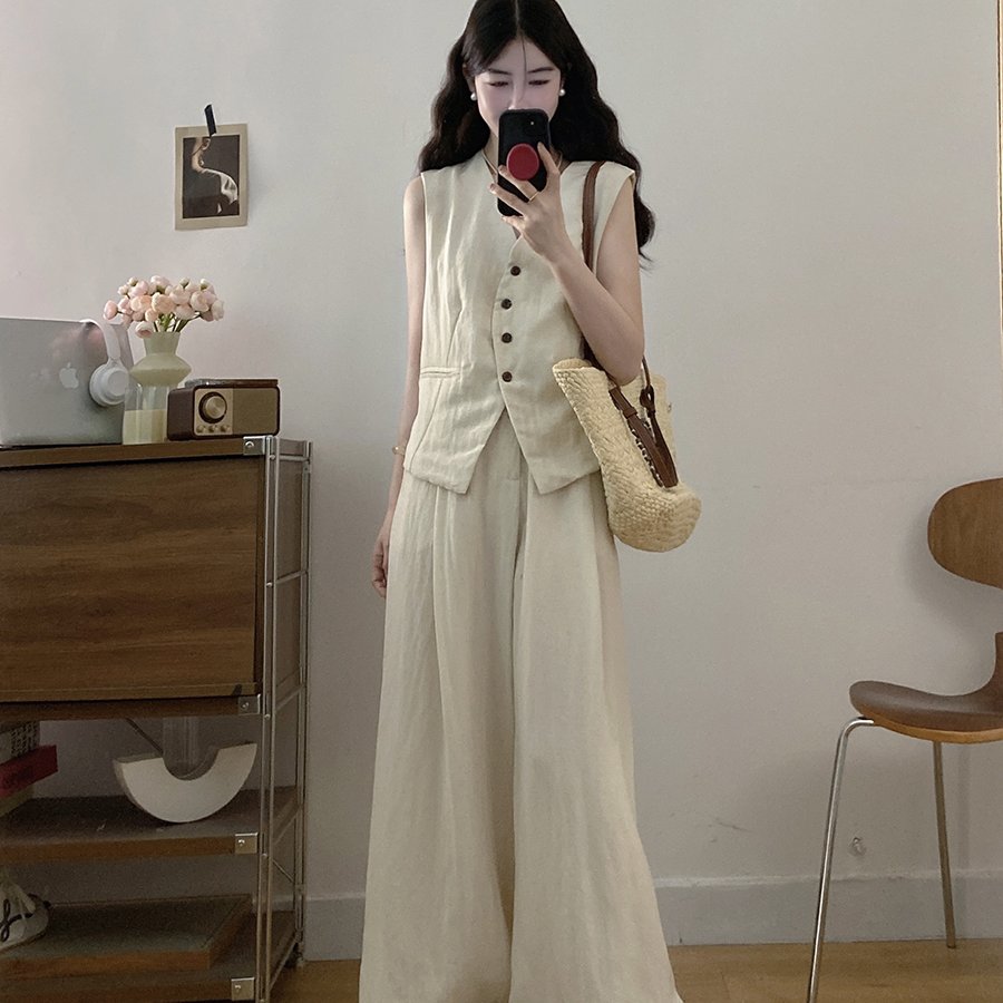 实拍-大码V领老钱风马甲开衫无袖上衣+直筒宽松休闲裤两件套