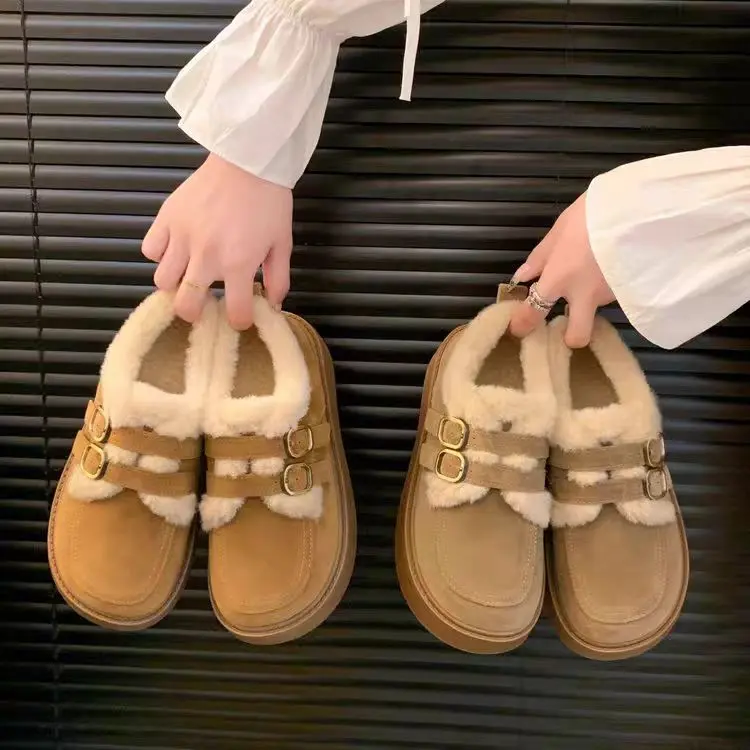 真皮 厚底百搭毛毛勃肯鞋 冬季新款加绒加厚保暖一脚蹬乐福鞋