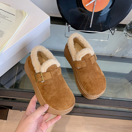 真皮厚底勃肯鞋女2024冬季新款加绒加厚保暖一脚蹬毛毛雪地棉鞋子