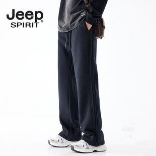 吉普裤子男士运动裤新款秋冬季加绒美式重磅潮牌宽松直筒卫裤男生