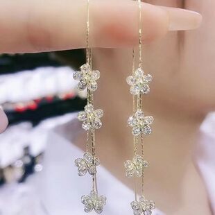高档韩国气质百搭花朵耳环女高级感时尚小清新流苏长款耳线防丢