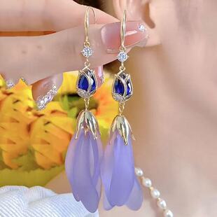 紫色郁金香耳环韩国气质长款超仙花瓣流苏耳坠网红高级感耳饰耳钩