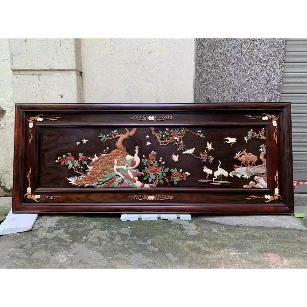 红木家具工艺品 老挝大红酸枝交趾黄檀黄花梨挂匾雕孔雀花开富贵
