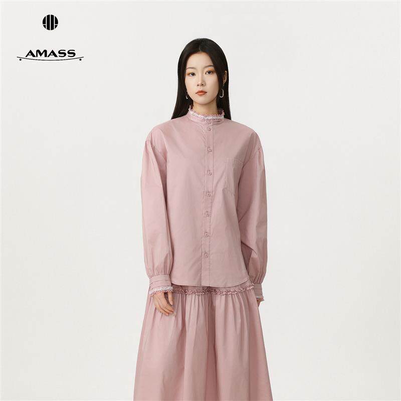阿玛施法式优雅蕾丝边拼接半高领衬衫甜美气质上衣春季女士530115