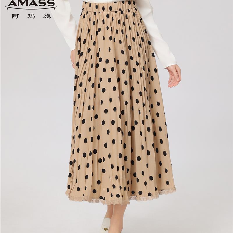 AMASS/阿玛施春夏波点蕾丝拼接半身裙款松紧腰飘逸百褶裙5200320=