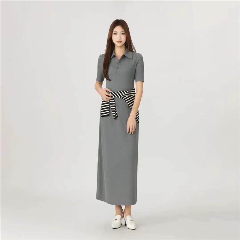 阿玛施女士夏季新款衬衫领短袖A字裙时尚垂坠感加长洋装550030