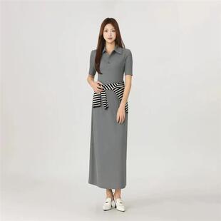 阿玛施女士夏季新款衬衫领短袖A字裙时尚垂坠感加长洋装550030